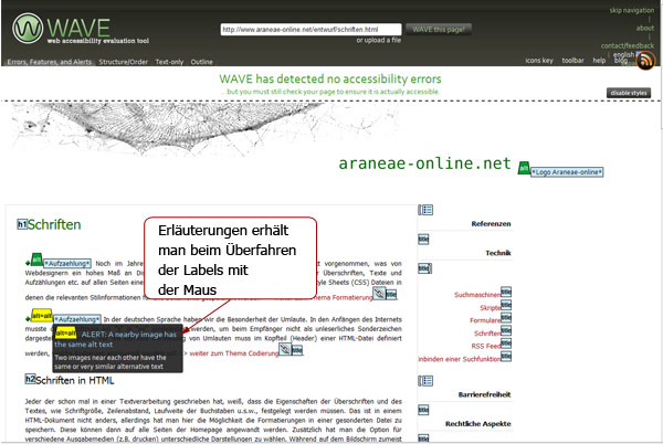 Darstellung des Fehlerberichtes bei WAVE